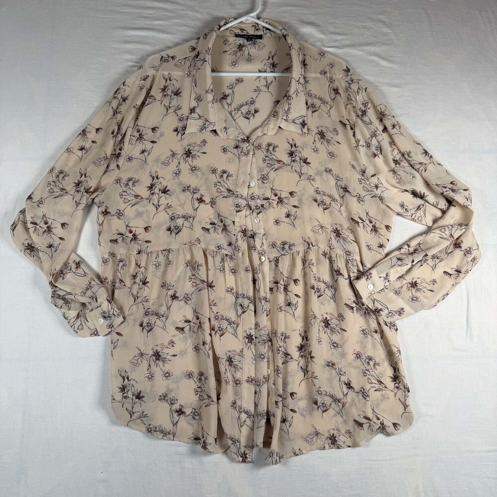 See N Be Seen Plus Size 3X Floral Sheer Chiffon Babydoll Button Down Tunic Top